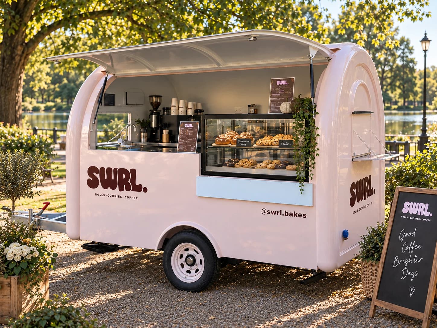 The pink SWRL truck with its serving hatch open and coffee and bakes on display